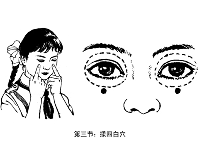 4,按太阳穴,轮刮眼眶太阳穴是位于眼睛与眉毛间的侧面,快接近发际的